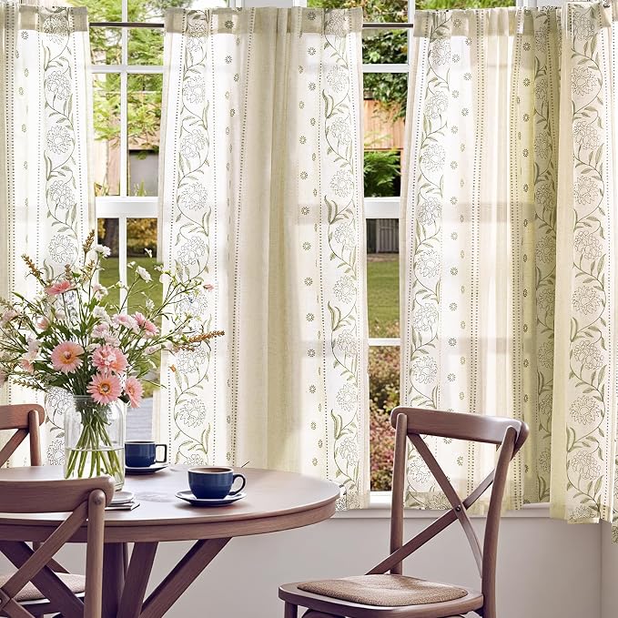 jinchan Winslow Linen Curtains 54 Inch Length Small Window Curtains Embroidered Bordered Floral Drapes Light Filtering for Bathroom Laundry Room Kitchen Farmhouse Decor Sage on Beige 2 Panels