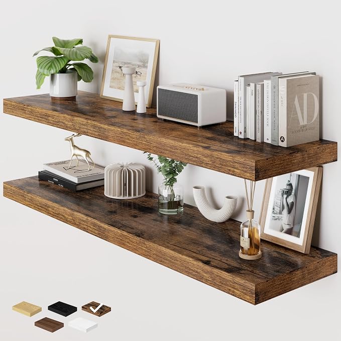 RICHFOCUS 48 Inch 12" D Floating Shelves for Wall 2 Pack Long Wall Shelves for Room Wall|Large Wood Hanging Shelf with Invisible Brackets for Bathroom Bedroom Kitchen Laundry Room, Rustic Brown