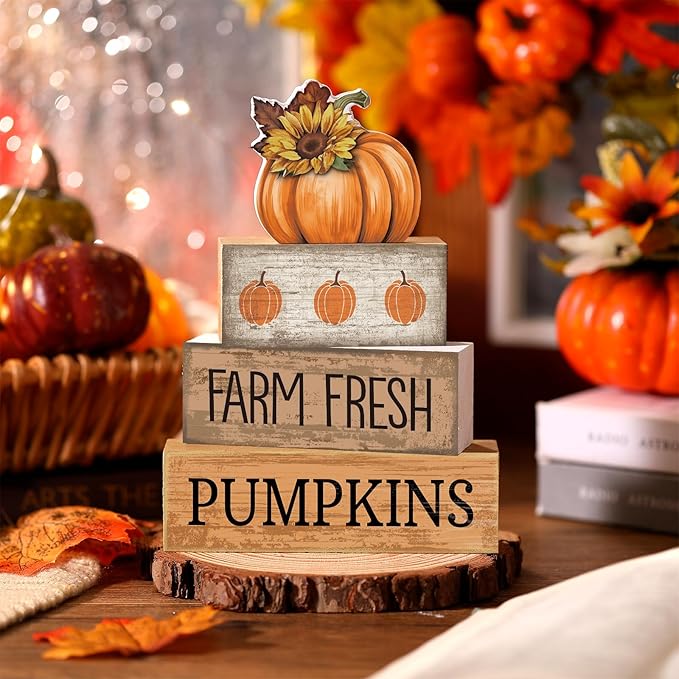 Lineshading 4 Pcs Thanksgiving Pumpkin Decor Fall Table Decoration Fall Tiered Tray Decor Thanksgiving Centerpiece Rustic Decorative Pumpkin Block Signs Farmhouse Harvest Decoration for Home Kitchen