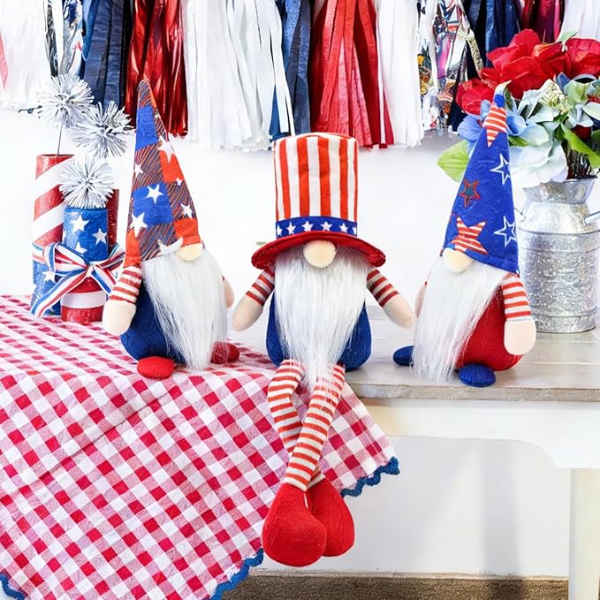 4th of July Decorations Patriotic Gnome Set of 3, 250th Anniversary USA Independence Day Decor, Red White and Blue Decorations for Tiered Tray Mantel Shelf Table