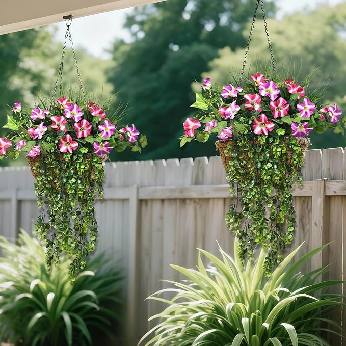 Waipfaru Artificial Plants & Flowers, UV Resistant Fake Plants Artificial Flowers Outdoors, Realistic Faux Petunias Fake Hanging Plants for Home Outside Garden Balcony (10 Bundle Fuchsia Lotus)
