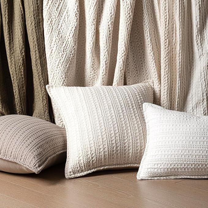 Foindtower Set of 2 Decorative Cotton Waffle Weave Throw Pillow Covers Euro Shams Cushion Covers Accent European Pillowcase for Bed Couch Sofa Bedroom Living Room Home Decor 24×24 Inch Cream White
