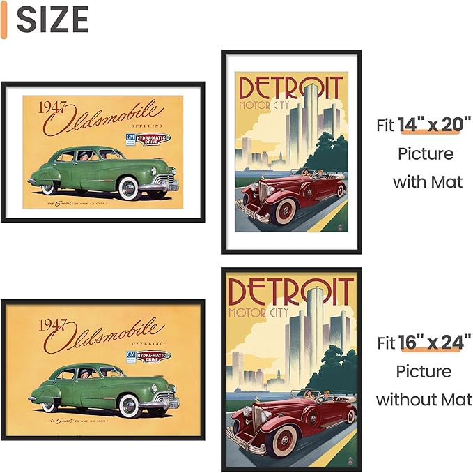upsimples 16x24 Picture Frame, Display Pictures 14x20 with Mat or 16 x 24 Without, Wall Hanging Poster Frames, Black, 1 Pack