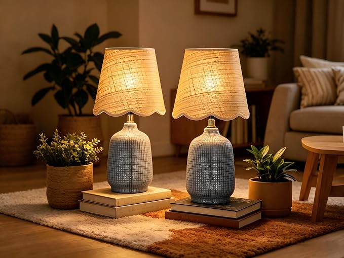 Pia Ricco Set of 2 19" Modern Ceramic Table Lamp for Living Room Gray Blue Base Desk Lamps for Bedroom Farmhouse Bedside Nightstand Lamp End Table Lamps,Bule,Rattan Shade