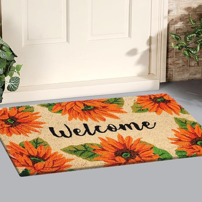 A1HC Natural Coco Coir Door Mat Orange Sunflower Doormat with Heavy Duty Non-Slip PVC Backing - 18" x 30" - Easy to Clean, Welcome Mat for Home, Low-Profile Durable Doormat