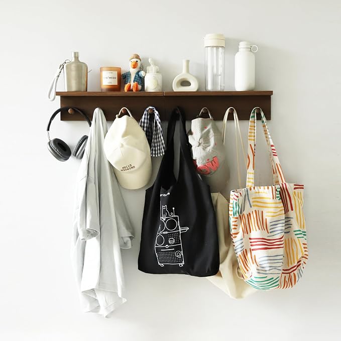 Entryway Coat Rack Hooks with Shelf, Sturdy Wooden Floating WallOrganizer Shelf with 4 Hooks siutable for Entrance, Mudroom, Kitchen, Bathroom,.etc(2pc-Walnut Finish)