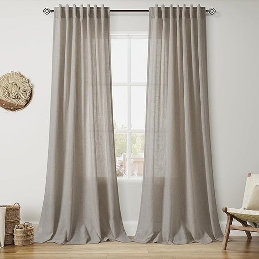 Nanspring Grey Beige Linen Curtains 96 Inches Long for Living Room Simple Modern Luxury Light Filtering Semi Sheer Curtain Back Tab Flax Boho Neutral Gray Drapes for Bedroom Office 52x96, 2 Panels