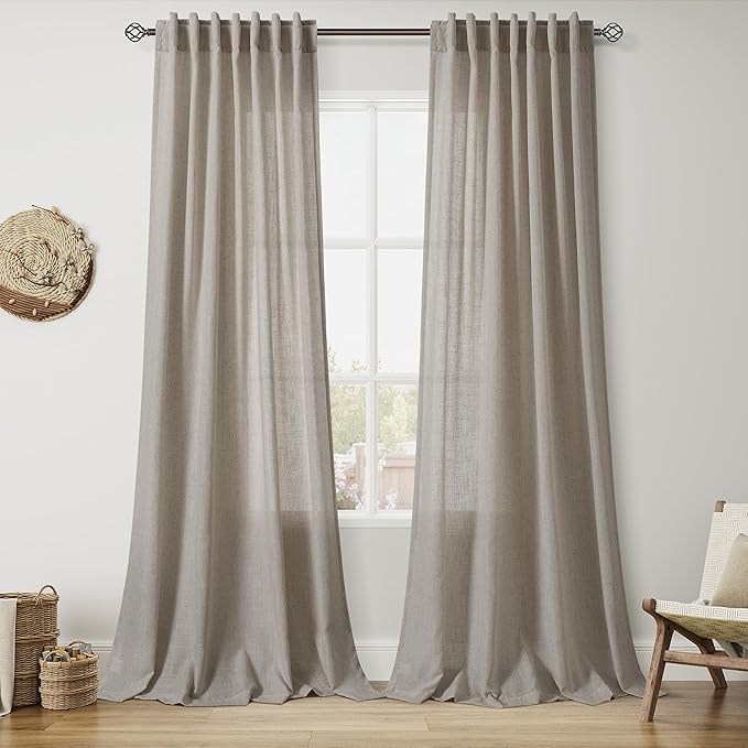 Nanspring Grey Beige Curtains for Living Room 120 Inches Long Linen Light Filtering Semi Sheer Curtain Back Tab Simple Modern Boho Long Floor to Ceiling High Window for Bedroom 52x120, 2 Panels