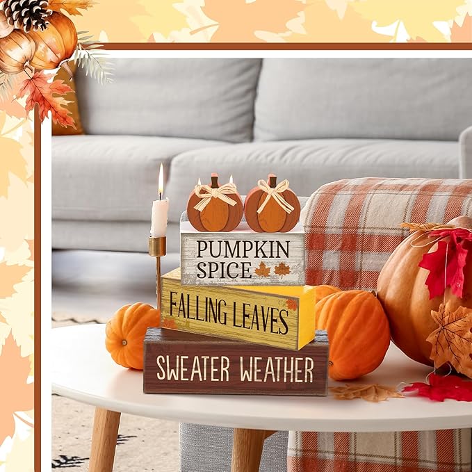 Lineshading 4 Pcs Thanksgiving Pumpkin Decor Fall Table Decoration Fall Tiered Tray Decor Thanksgiving Centerpiece Rustic Decorative Pumpkin Block Sign Gift Farmhouse Autumn Table Sign for Home
