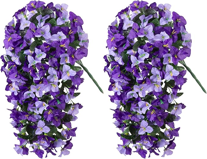 INXUGAO 2 pcs Artificial Faux Bougainvillea Flowers Plants for Outdoor Outside Summer Decoration, Fake Silk UV Resistant Long Trailing Vines for Front Door Porch Planter Balcony (Purple Dark Purple)