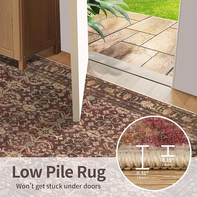 Rugxara Oriental 5x7 Area Rugs for Living Room Bedroom, Vintage Washable Christmas Rug, Red Boho Area Rug, Non Slip & Low Pile Faux Wool Carpet for Indoor Dining Room and Kids Room(Red 5x7ft)