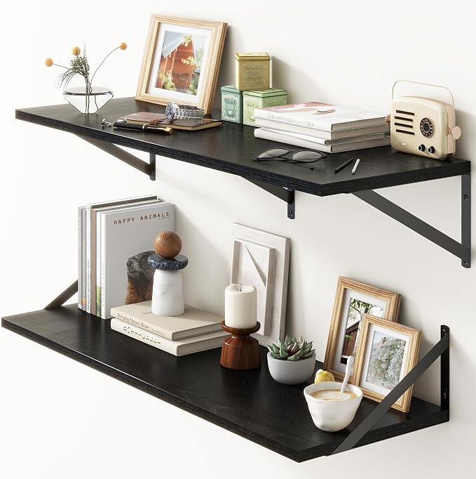 36"W x 12"D Floating Shelves, Black Deep Floating Shelves for Wall with Brackets, 12 Inch Deep Wall Shelves for Books, Wide Display Storage Shelves for Bathroom, Living Room, 36 Inch Long, Set of 2