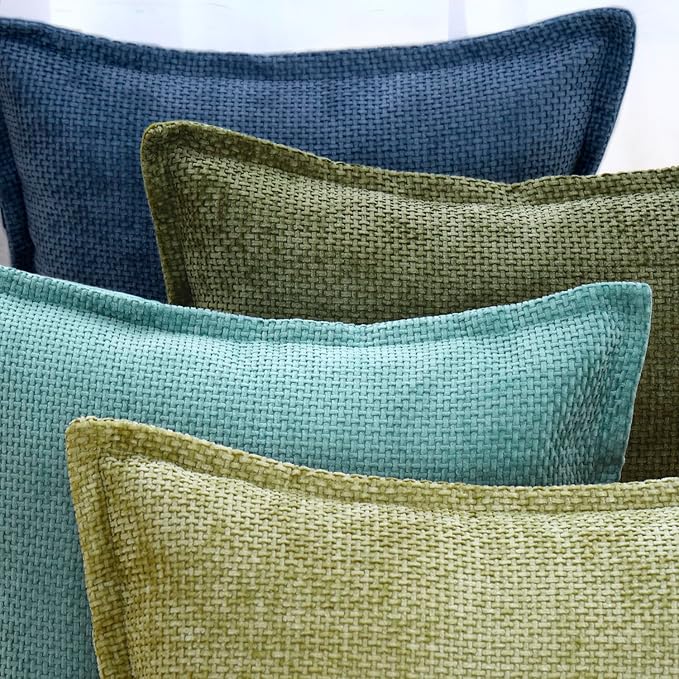 MADIZZ Decorative Chenille Velvet Throw Pillow Covers Set of 2 Soft Boho Textured Neutral Couch Throw Pillow for Bed Modern Farmhouse Home Decor for Sofa Livingroom Moss Green 16x16 Inch