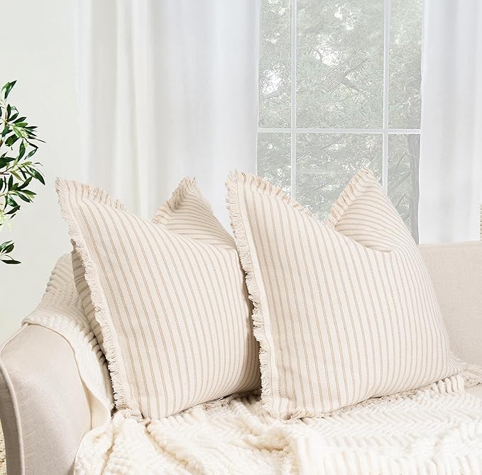 ZWJD Throw Pillow Covers 24x24 Set of 2 Striped Pillow Covers with Fringe Chic Cotton Decorative Pillows Square Cushion Covers for Sofa Couch Bed Living Room Farmhouse Decor, (Khaki)