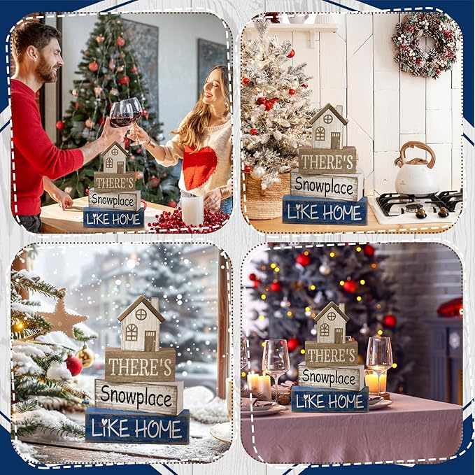 Lineshading 4 Pcs Winter Table Decoration Wooden House Decor Winter Tiered Tray Decor Rustic Decorative House Block Signs Gifts Christmas Centerpieces Farmhouse Sweet Home Decoration for Kitchen Desk
