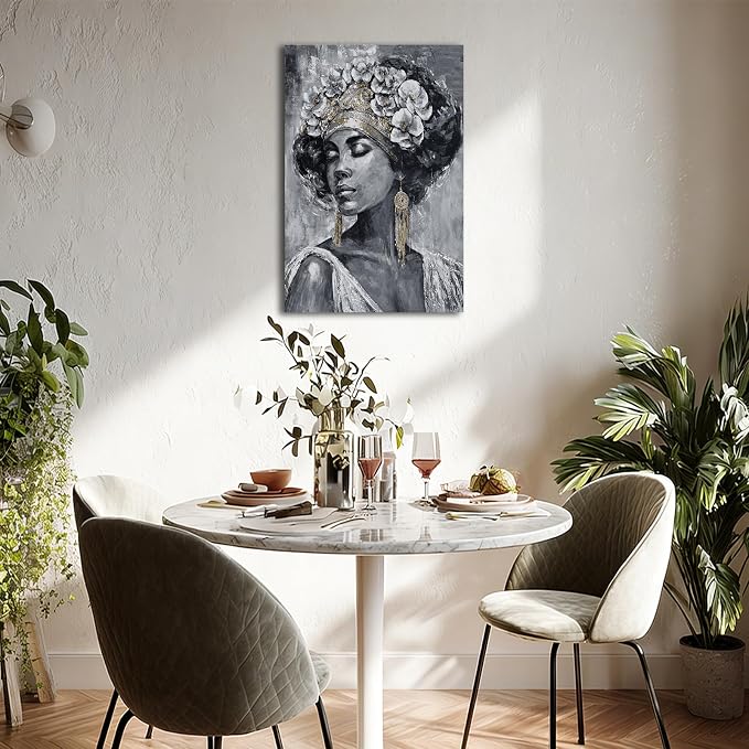 ZUNARE Abstract African Woman Canvas Wall Art Black White and Gold Portrait Painting Modern Figurative Artwork for Living Room Bedroom Office Decor 24x36inch