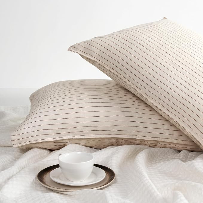 Striped Linen Pillow Cases Set of 2,20"x30" Standard/Queen Size,100% French Natural Flax Soft Linen Pillowcases,Rust Pinstripe