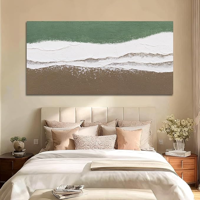 ZUNARE Large Abstract Wall Art Green and White Canvas Artwork with Natural Brown Accents, Contemporary Calm Wall Decor for Living Room Bedroom Office Kitchen 29"x58"