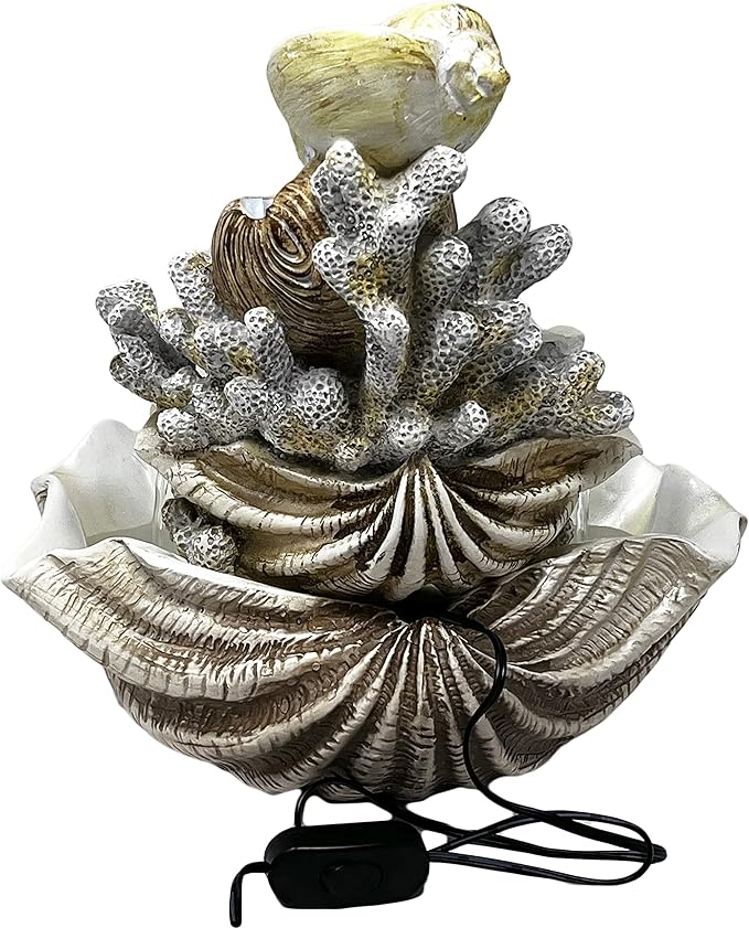 10.5" H Coral Reef Shell Fountain Indoor Fountain with LED Lights and Adjustable Motor Pump (Power Cord Attached) (Resin)