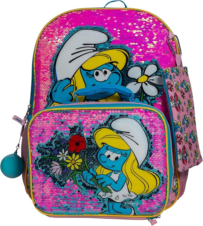AI ACCESSORY INNOVATIONS Smurfs 5 Piece Backpack Set, Smurfette Flip Sequin Girls School Bag with Front Zip Pocket, 2 Side Mesh Pockets, Pink & Blue