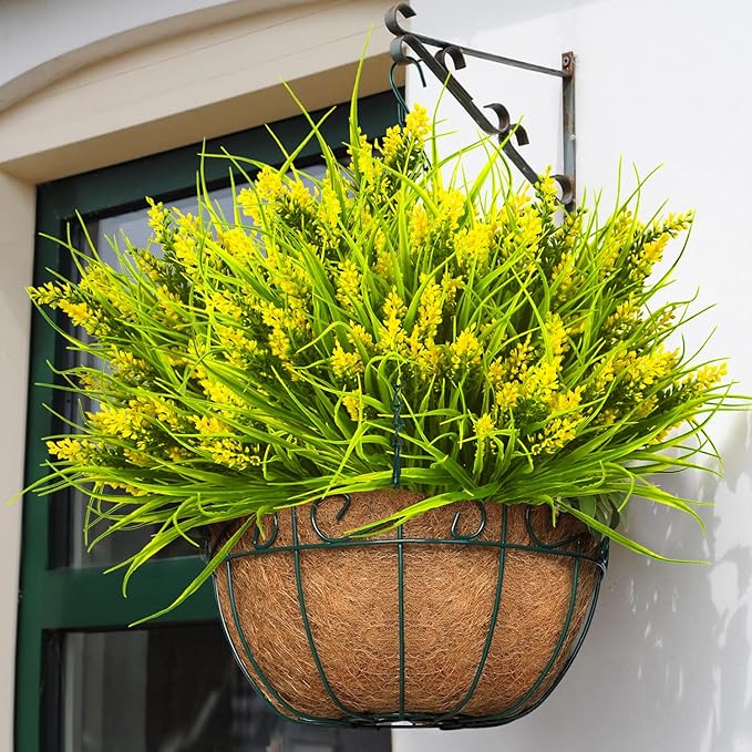 Grunyia 20 Bundles Artificial Plants Outdoor Fake Monkey Grass with Flowers (Yellow)