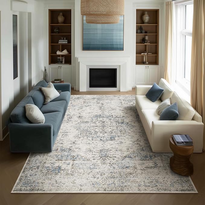 Machine Washable Rugs for Living Room: 10x14 Area Rugs for Bedroom Ultra Soft Non-Slip Low Pile Vintage Distress Boho Large Carpet for High-Traffic Dining Room - Farmhouse Decor
