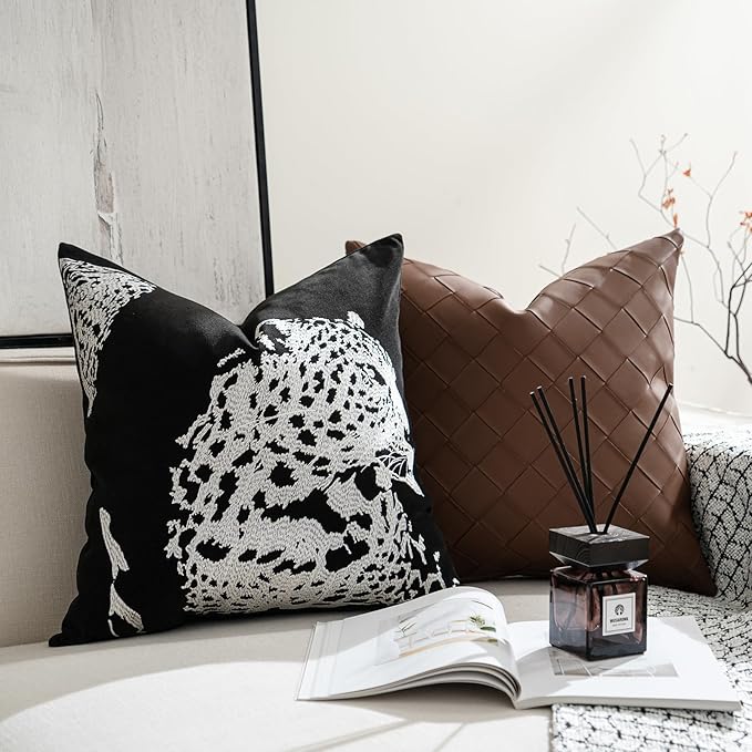 Croker Horse 18x18'' inches Throw Pillow Cushion Covers - Black Embroidery Leopard Cheetah Luxury Modern Style Couch Sofa Pillow Cover for Living Room Bedroom