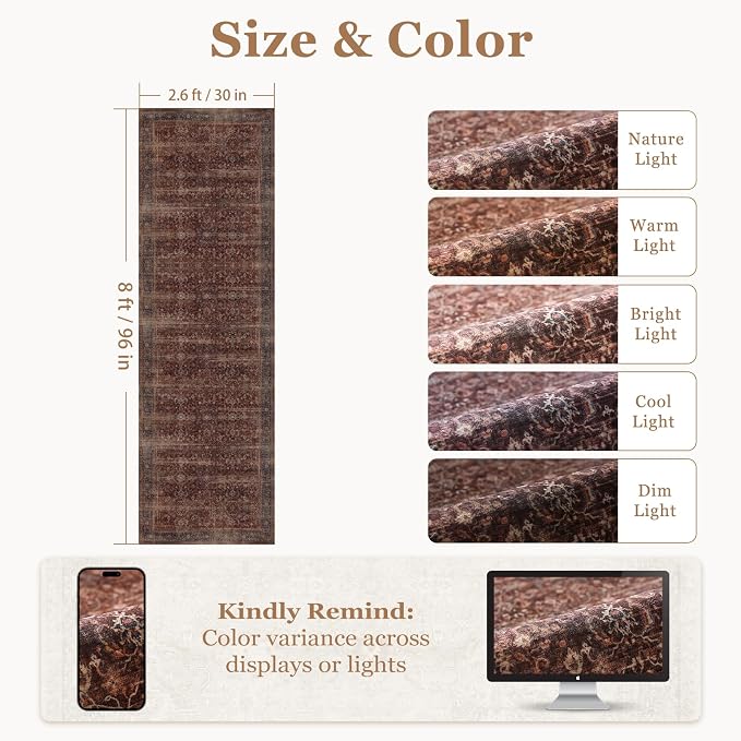 Dark Red 2'6''x8' Kitchen Runner Rug, Vintage Farmhouse Carpet Runners for Hallway 8ft Non Slip Washable, Low Pile Thin Print Entryway Runner Indoor Foyer Mudroom Bathroom Bedroom, Brick Red
