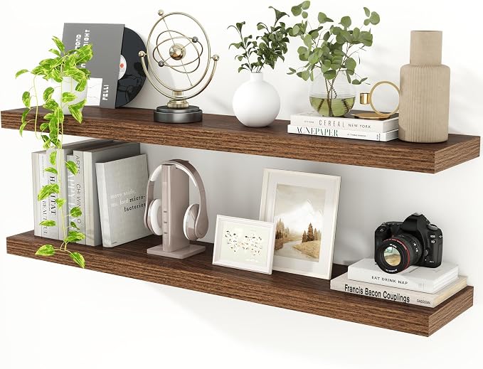 Floating Shelves for Wall, 48 inch Walnut Extra Long Floating Shelves, 9.3in Deep Wall Mounted Shelf, Wooden Shelves for Living Room, Bathroom, Kitchen, Office, Floating TV Stand, 2 Packs