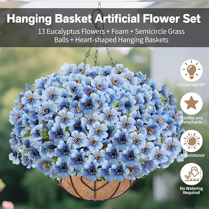 Artificial Hanging Flower for Outdoors, Fake Hanging Basket for Outside,1 Hanging Basket with 13 Pcs Faux Silk Flowers for Porch, Balcony and Patio Decor(Blue)