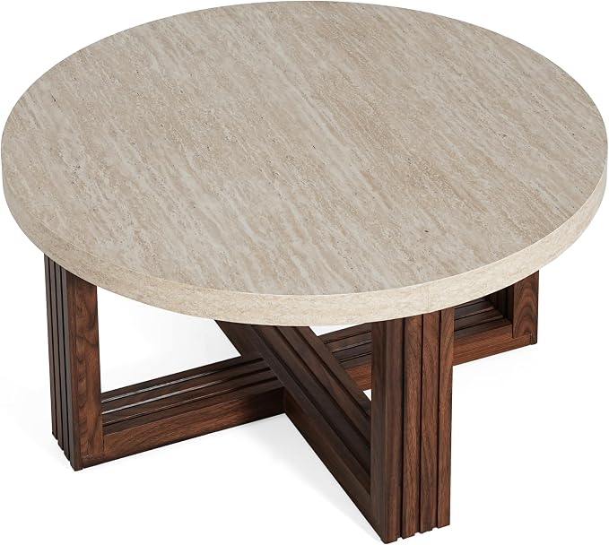 Christopher Knight Home Yone 31.5'' Modern Round Coffee Table for Living Room Furniture/Apartment, Side Table with Marble Pattern Top, Wooden End Table with Cross Metal Base, Brown + Beige