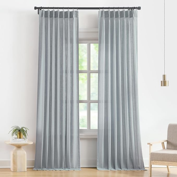 Vision Home Pinch Pleated Semi Sheer Curtains Textured Linen Blended Light Filtering Window Curtains 95 inch for Living Room Bedroom Pinch Pleat Drapes with Hooks 2 Panels 40" Wx95 L,Blue Fog