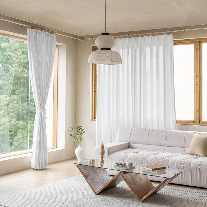MAIHER Semi Sheer White Curtains 120 Inches Long Light Filtering Pinch Pleated Curtains Linen Pleated Drapes with Hooks for Living Room Sliding Glass Door 1 Panel, 54" W x 120" L
