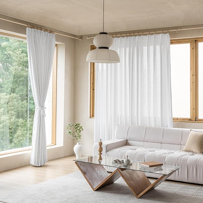 MAIHER Pinch Pleat Semi Sheer Curtains 108 Inches Long White Linen Blend Curtain for Living Room Patio Door Light Filtering Double Pinch Pleated Drapes with Hooks 1 Panel 54" W x 108" L