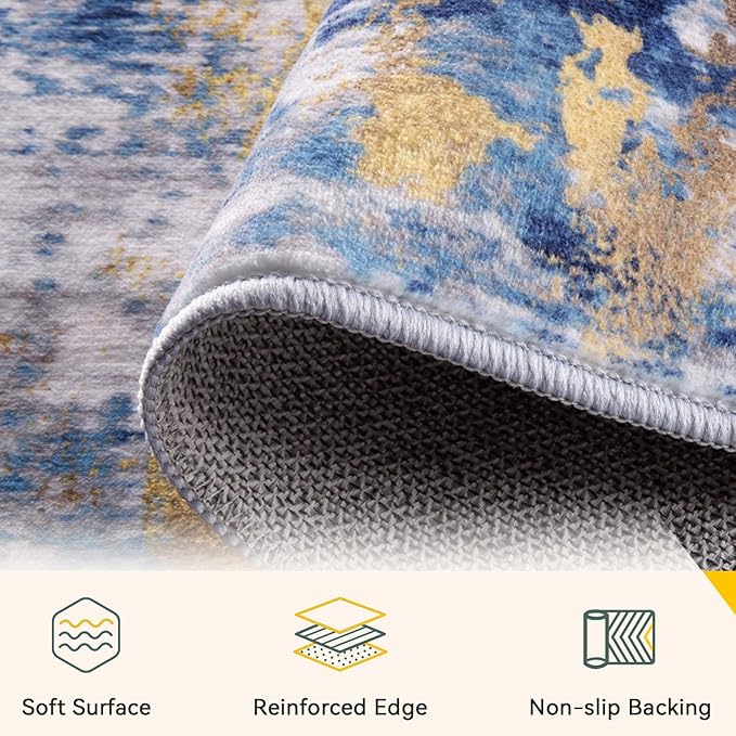 RELEANY Washable Area Rugs 5'x8' Non-Slip Modern Abstract Soft for Living Room Entryway Bedroom Nursery, Print Pattern, Grey Blue Gold/Golden