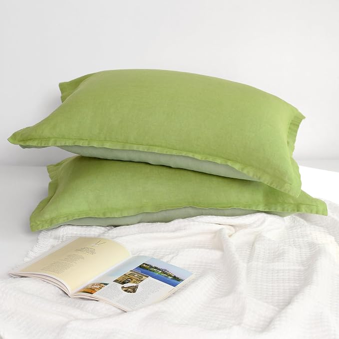 Linen World Linen Pillow Cases 20X40Inch Set of 2,100% French Natural Flax Pillowcase with Envelope Closure-Stone Washed Pillow Shams King Size,Lime Green&Sage Green