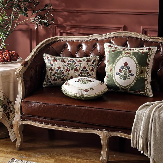 ISAENNE Elegant French Linen Throw Pillow Cover,Set of 2,20"x12"-Estonia A | Designer Vintage Rectangle Pillow Cover,Concealed Zipper Design,Floral Pattern,Sofas,Bedroom,Living Room,Lounge Chairs