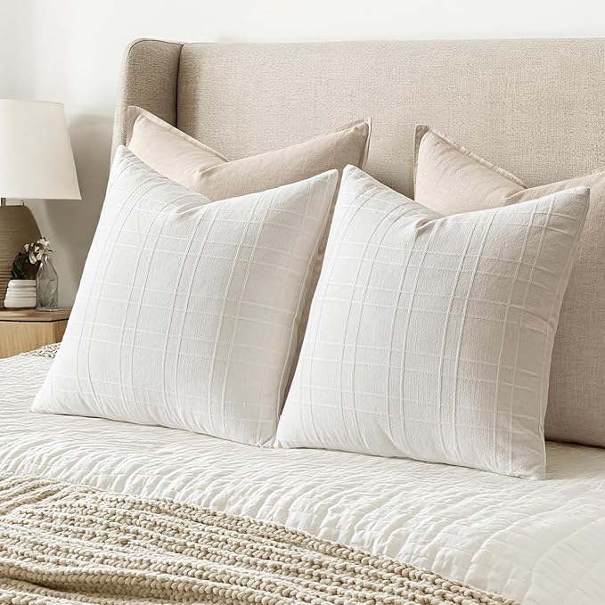 MIULEE Decorative Linen Check Euro Shams Throw Pillow Covers Neutral Farmhouse Vintage Pillow Covers 24x24 Set of 2 Boho Modern Home Decor for Sofa Couch Bedroom Cushion Cream White
