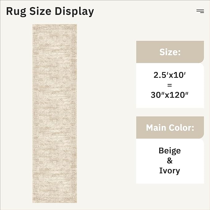 Soalmost Runner Rug 2'6" x 10' Washable Non-Slip Runner Rugs for Kitchen Bathroom Laundry Room Vintage Ultra Thin Runners for Hallway Entryway Beige