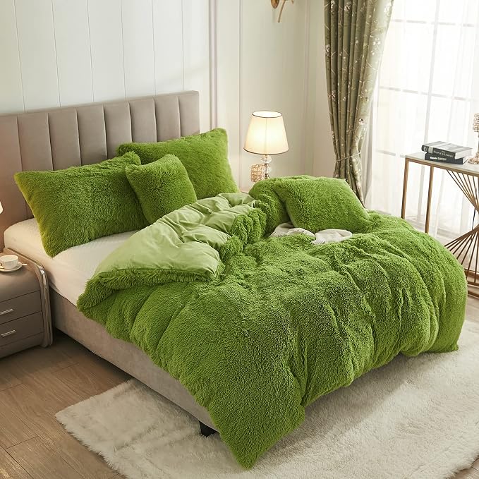 Faux Fur Velvet Fluffy Bedding Duvet Cover Set Down Comforter Quilt Cover with Pillow Sham, Ultra Soft Warm (Apple Green, Twin)