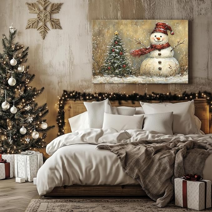 Christmas Poster Wall Art Living Room Bedroom Vintage Winter Snowy Landscape Wall Decor Farmhouse Christmas Seasonal Tree Framed Canvas Snowman Artwork Print Festival Pictures Home Decoration 24x36