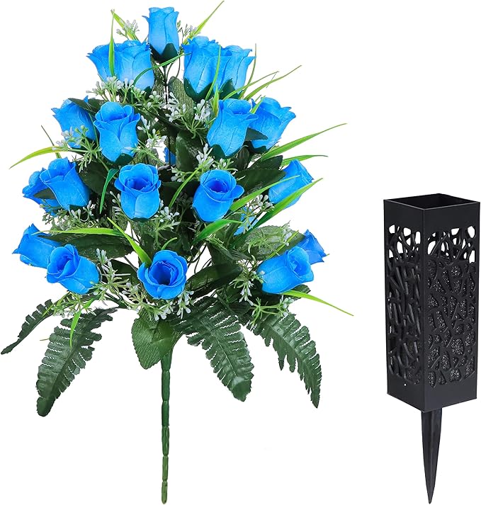 LVXINLI 2 Sets Artificial Cemetery Flowers,Outdoor Grave Decorations Roses,Beautiful Arrangements Bouquet with Cemetery Vase,Lasting and Non-Bleed Colors (Blue)