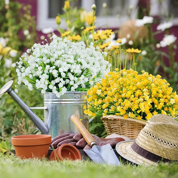 Ouddy Decor 24 Bundles Artificial Flowers for Outdoors UV Resistant Fake Plastic Plants Faux Greenery Stems for Spring Summer Indoor Garden Patio Window Box Kitchen Home Decor, Yellow