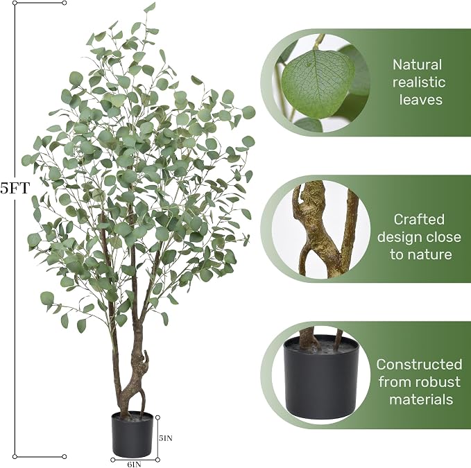 Artificial Eucalyptus Tree 5ft, Faux Floor Plant Large Fake Silk Trees with Pot for Home Office Living Room Bedroom Indoor Outdoor Decor(5feet Tall)