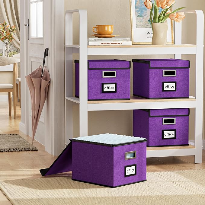 File Organizer Box with Lid, Collapsible File Folder Organizer for Office Document Storage, Filing Box with Plastic Slide for Letter Size Hanging File Folders(1 Pack, Purple)