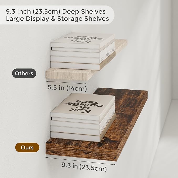 55 inch Floating Shelves for Wall, 9.3in Deep Rustic Shelves Wall Mounted Floating Shelf, Extra Long Wall Shelf for Living Room, Kitchen, Office, Floating TV Stand, 2 Packs