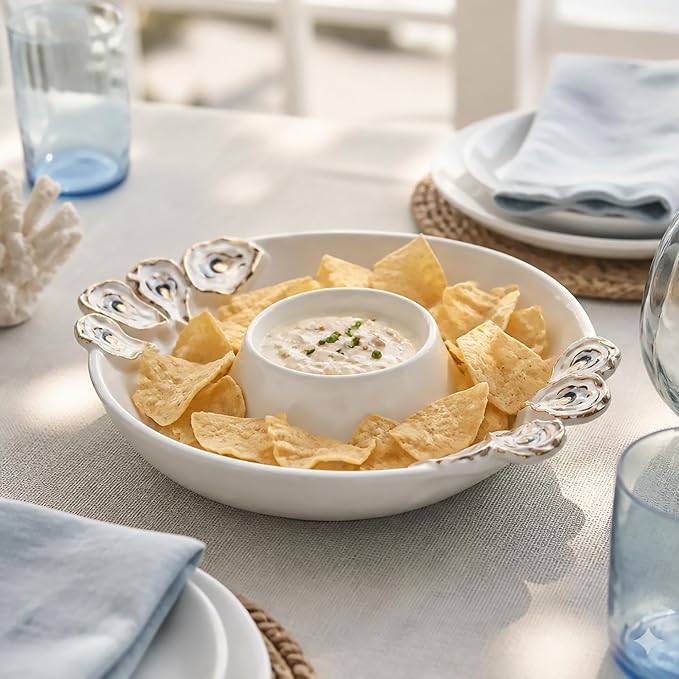 Mud Pie Oyster Chip And Dip Bowl Set; 2" x 10 1/2" dia