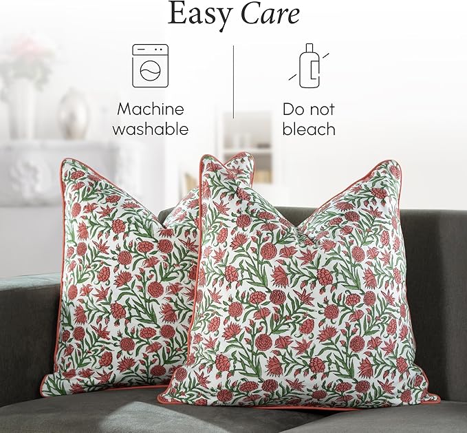 CPC 100% Cotton Throw Pillow Covers 24x24 Inch, Set of 2 Red Block Print Pattern Couch Pillow, Cute Boho Decorative Pillows for Living Room, Bedroom with Hidden Zipper- Red Garnet