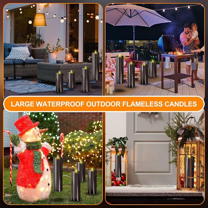 Rossesay 8" 10" 12" 14" X 4" Large Waterproof Outdoor Flameless Candles, 4 Pcs LED Pillar Candles with Remote and Timers Battery Operated Jumbo Flickering for Home Patio Church Lanterns(Black)