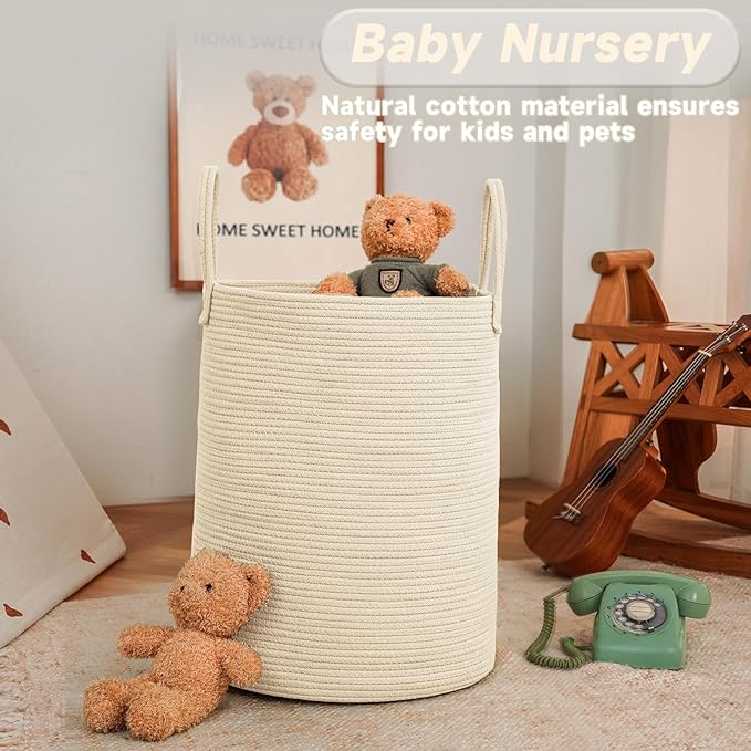 JMvicyroam Large Woven Laundry Basket Hamper,100L Cotton Rope Storage Bin for Blankets,Toys and Clothes,Decorative Tall Nursery Hamper for Living Room,Baby Nursery,Bathroom and Bedroom,Beige